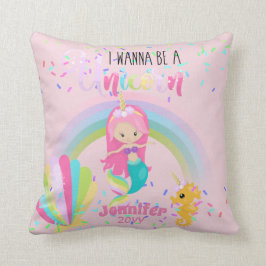 私はユニコーンピンクの金ゴールド人魚の女の子になりたい クッション