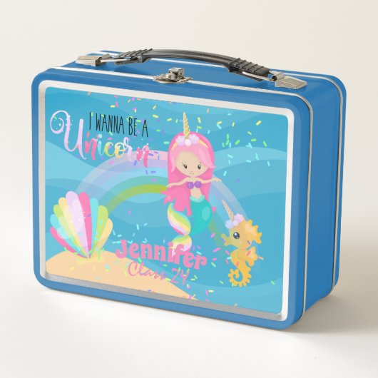 私はユニコーンピンクの金ゴールド人魚の女の子になりたい メタルランチボックス (正面)