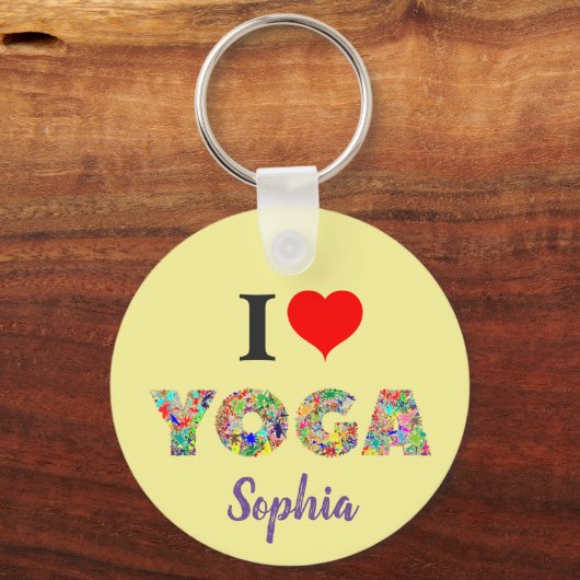 私はヨガが大好き | IハートカラフルYoga Add Name キーホルダー (正面)