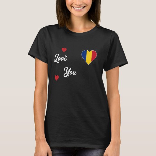 私はルーマニアが大好きで、ルーマニア国旗をハートに Tシャツ (正面)