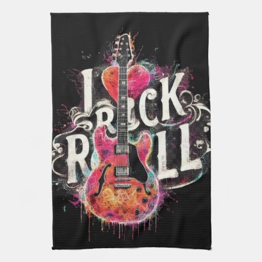 私はロックNロール電気ギター絵を描ズ大好き キッチンタオル (縦)