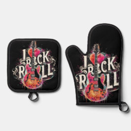 私はロックNロール電気ギター絵を描ズ大好き 鍋つかみ&鍋敷きセット