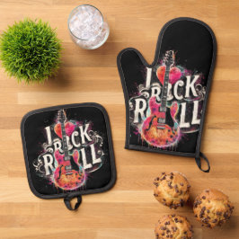 私はロックNロール電気ギター絵を描ズ大好き 鍋つかみ&鍋敷きセット