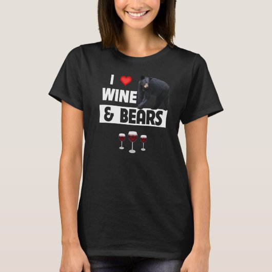 私はワインとクマがキャンプ野生動物Aを飲んで大好き Tシャツ (正面)