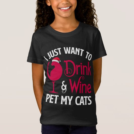 私はワインを飲んで猫サンタを飼いたい Tシャツ (正面)