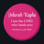 私は主よ、あなた方の聖書の節を聞く熱いピンク マグネット<br><div class="desc">この美しい磁石は、神の名の一つと、神が私たちの癒しであると宣言する出エジプト記の強力な聖句を特徴としている。</div>