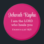 私は主よ、あなた方の聖書の節を聞く熱いピンク マグネット<br><div class="desc">この美しい磁石は、神の名の一つと、神が私たちの癒しであると宣言する出エジプト記の強力な聖句を特徴としている。</div>