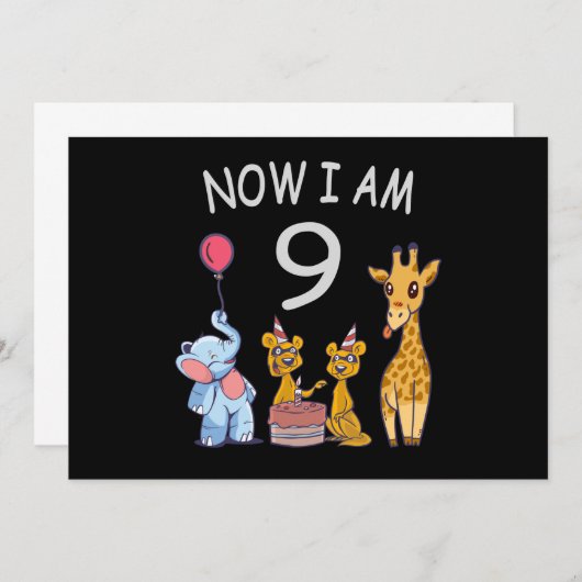 私は今、動物園で9歳の誕生日です 招待状 (正面/裏面)