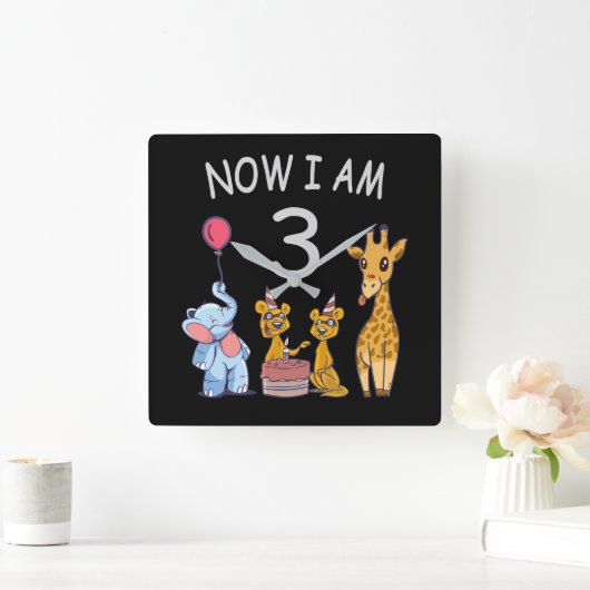 私は今、3歳の誕生日を動物園で過ごしています スクエア壁時計 (ホーム)