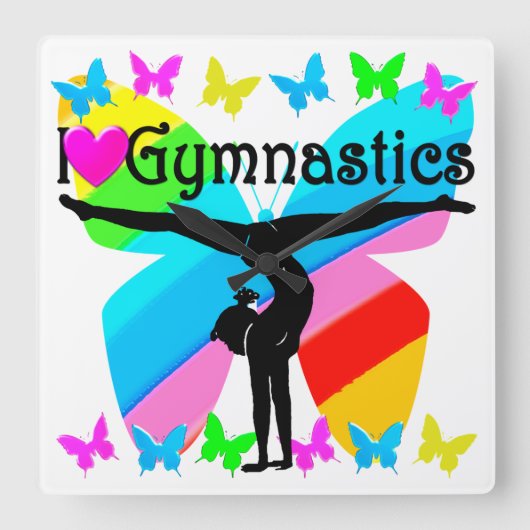 私は体操素晴らしバタフライデザインが大好き スクエア壁時計 (正面)