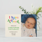 私は写真に到着した任意のベビー誕生の発表 案内状 (スタンド正面)