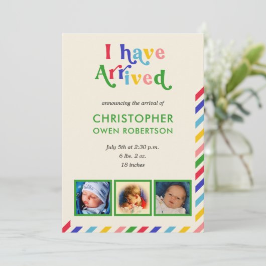 私は到着した写真の名前任意のベビー誕生 案内状 (スタンド正面)