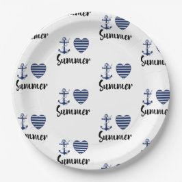 私は夏のいかりとストライプのハート ペーパープレート