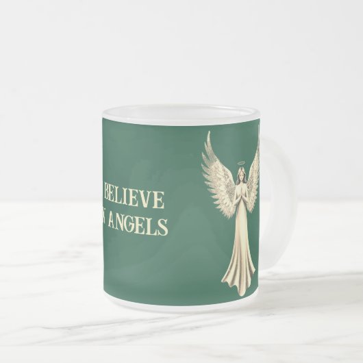私は天使信じの中にいる | ゴールデンエンジェルウィングスグリーン フロストグラスマグカップ (正面右)