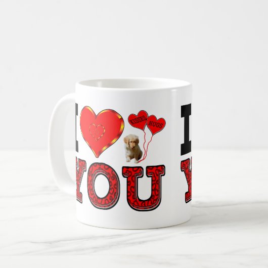 私は子犬および抱擁との愛しましたり及び気球に接吻します コーヒーマグカップ (正面左)