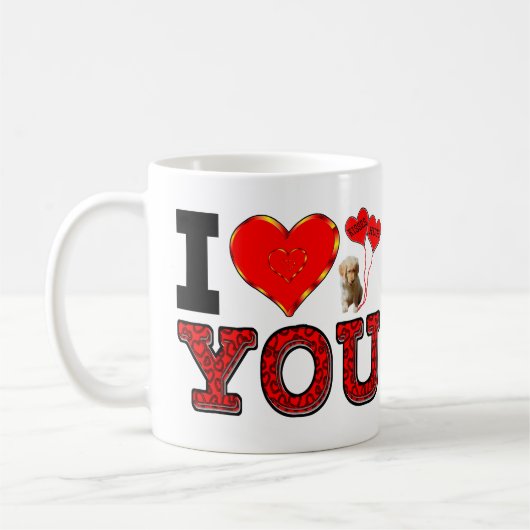 私は子犬および抱擁との愛しましたり及び気球に接吻します コーヒーマグカップ (左)