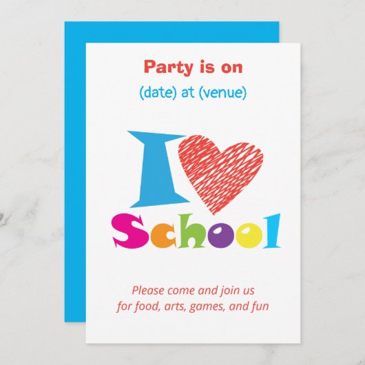 私は学校が大好きだ。新学期漫画の卒業 招待状 (正面/裏面)