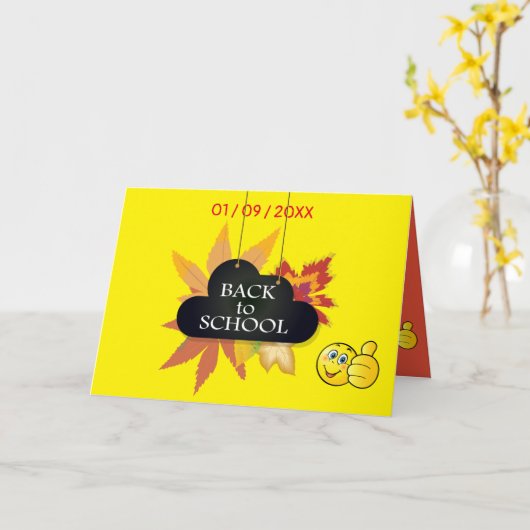 私は学校が大好きだ。新学期。漫画 カード (黄色い花)