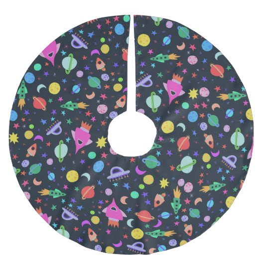 私は宇宙UFOロケット土星パターンが必要 ブラッシュドポリエステルツリースカート (正面)