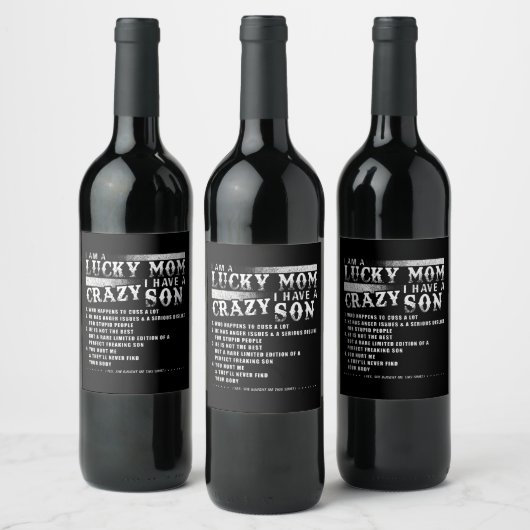 私は幸運なお母さん私は息子のギフト熱狂するアイディアを持っている ワインラベル (ボトル)