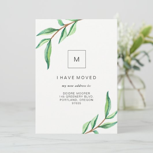 私は引っ越した |ミニマリストの緑葉の 案内状 (スタンド正面)