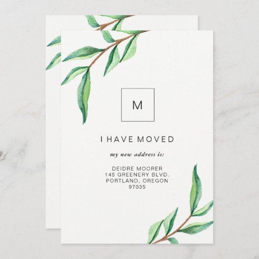私は引っ越した |ミニマリストの緑葉の 案内状 (正面/裏面)