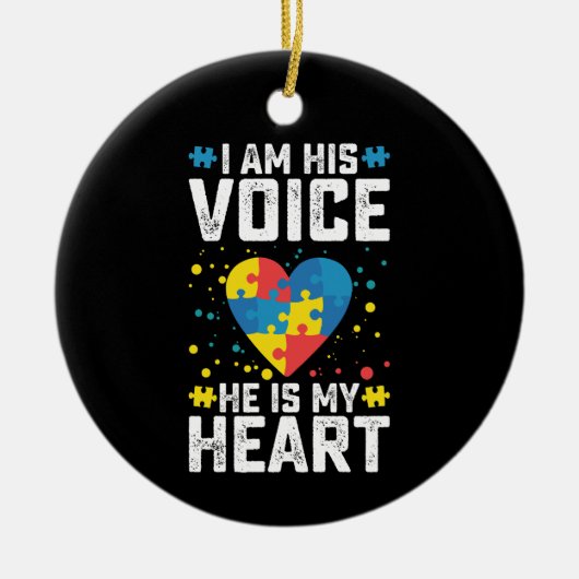 私は彼の声は彼は私のハート自閉症ママパパ セラミックオーナメント (正面)