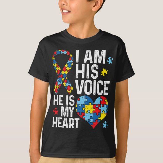 私は彼の声は彼は私のハート自閉症意識モン Tシャツ (正面)
