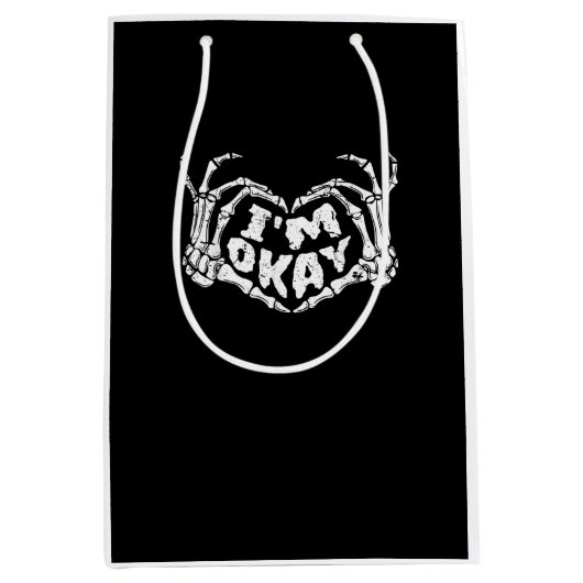 私は彼は面白いハロウィーンの衣装スケルトンの手を大丈夫 ミディアムペーパーバッグ (正面)