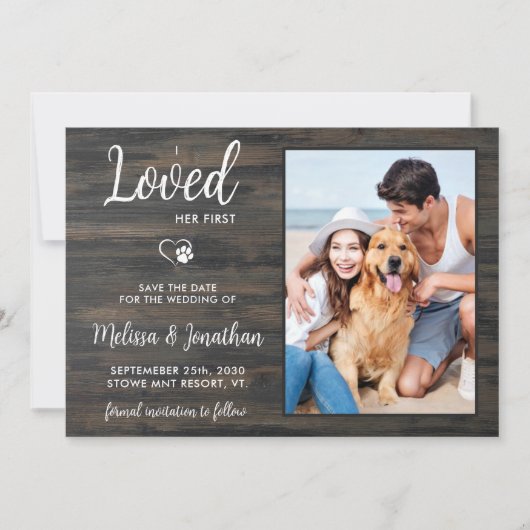 私は彼女が最初にパーソナライズされたペットフォト素朴ドッグを愛した セーブザデート (正面)