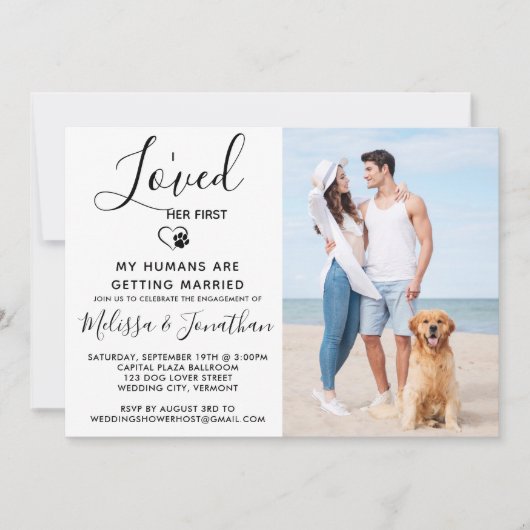 私は彼女の最初のペットモダンの写真の犬の婚約を愛した 招待状 (正面)