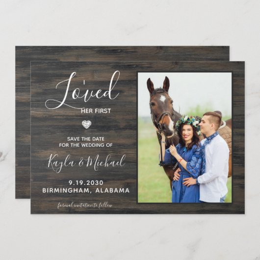 私は彼女の最初のペット素朴の写真の馬結婚の セーブザデート (正面/裏面)