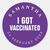 私は得予防接種名前をカスタムする日付Covid Purple ラウンドシール (正面)