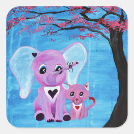 私は忘れピンクの象の猫のさくらんぼの花のアート スクエアシール