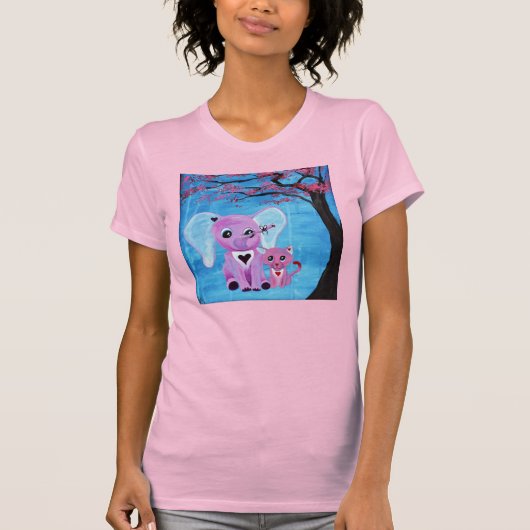 私は忘れピンクの象の猫のさくらんぼの花のアート Tシャツ (正面)