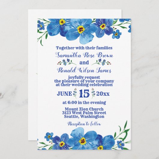 私は忘れ青いフローラの水の色の結婚Inviteではない 招待状 (正面/裏面)