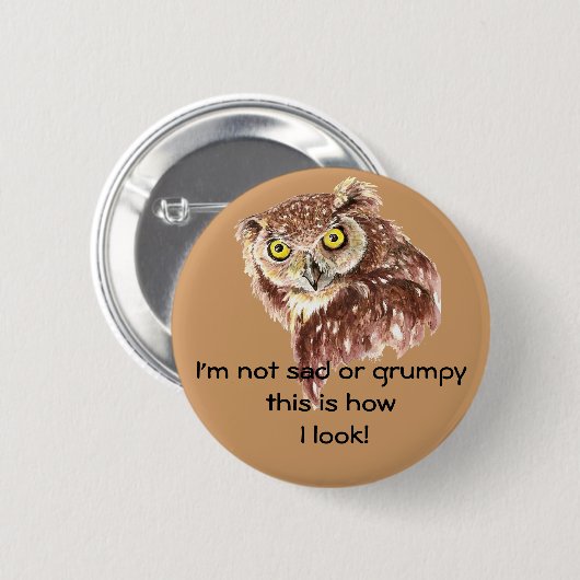 私は悲しくも不機嫌でもない。これが私のフクロウの見た目だ 缶バッジ (正面&裏面)