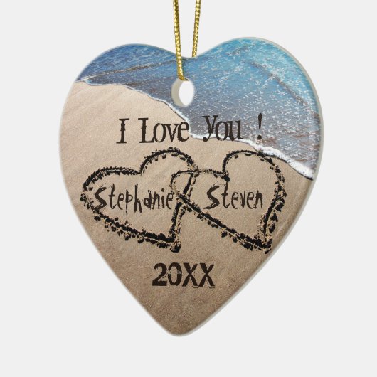 私は愛します! 砂の休日のオーナメントの2つのハート セラミックオーナメント (左)