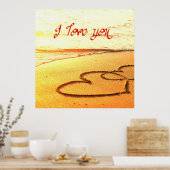 私は愛し書ている、ビーチの砂の中のハート ポスター (キッチン)