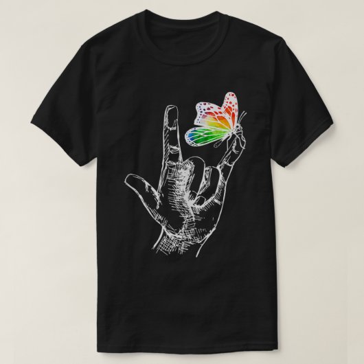 私は愛する手指言語バタフライ自閉症アワ Tシャツ (デザイン正面)