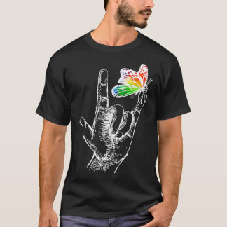 私は愛する手指言語バタフライ自閉症アワ Tシャツ