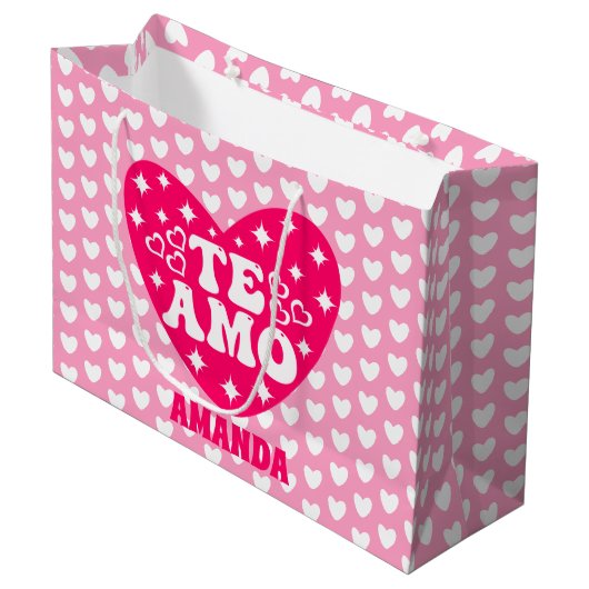 私は愛スペインのしてよアモのバレンタインデーピンク ラージペーパーバッグ (正面アングル)