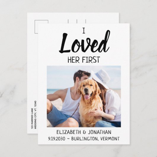 私は日付以外の彼女の最初の写真犬の結婚式を愛した 案内ポストカード (正面/裏面)