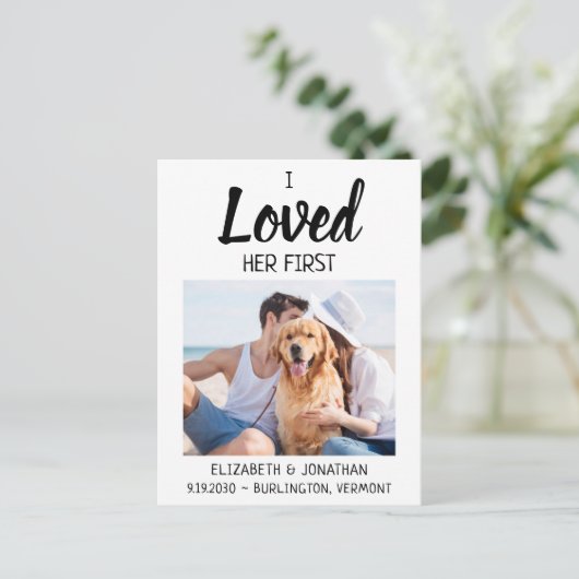 私は日付以外の彼女の最初の写真犬の結婚式を愛した 案内ポストカード (スタンド正面)