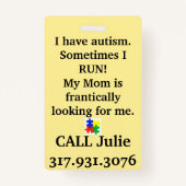 私は時々自閉症を持走っている- IDバッジママ呼び出し バッジ (裏面)