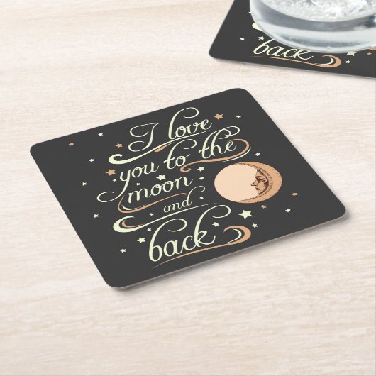 私は月および背部黒に愛します スクエアペーパーコースター (アングル)
