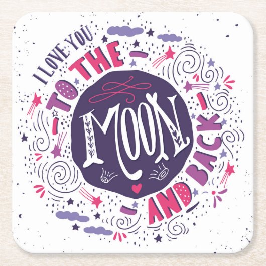 私は月および背部4に愛します スクエアペーパーコースター (正面)