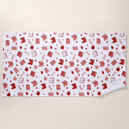 私は本と可愛読い赤い柄が大好き ビーチタオル (正面)