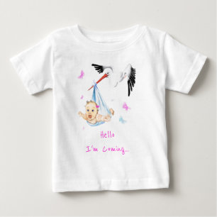 私は来..Storkの運ベビーおもしろい追加文字/名前 ベビーTシャツ
