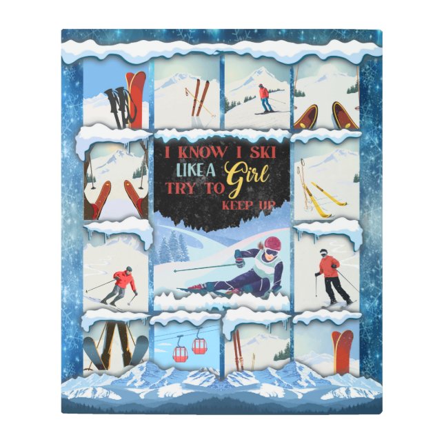 私は毛布を上げようとする女の子のようにスキーを保知っている メタルプリント (正面)